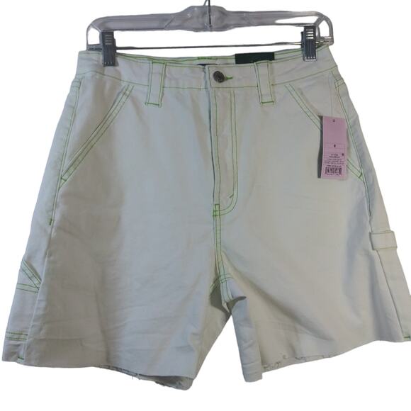 Wild Fable Highest Rise White Denim Neon Green Stitching Utility Shorts Size 8 - Picture 1 of 7